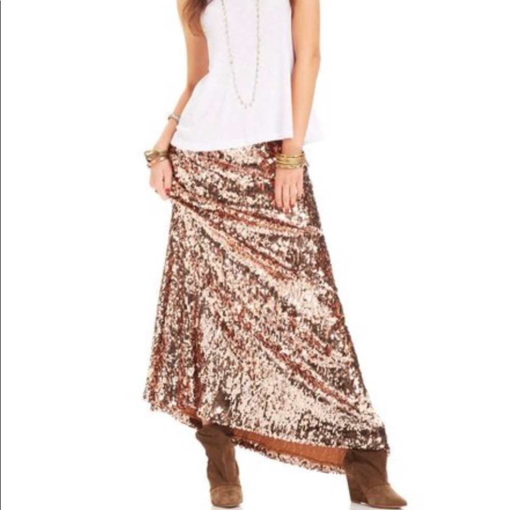 Free People Sequin Rose Gold Maxi Skirt
